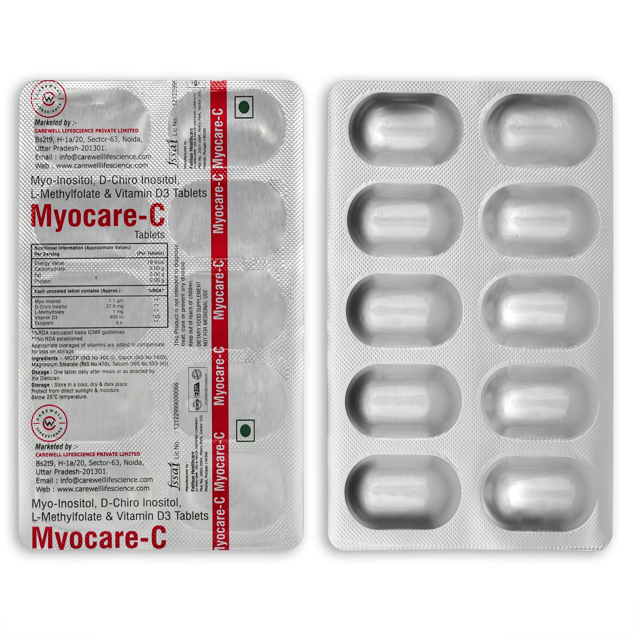 MYOCARE-C Tablet PCOS/ PCOD Supplement – 40:1 Ideal Ratio 1100mg Myo-Inositol to 27.6 mg D-Chiro-Inositol – 10 Tab/Pack (Pack of 2)